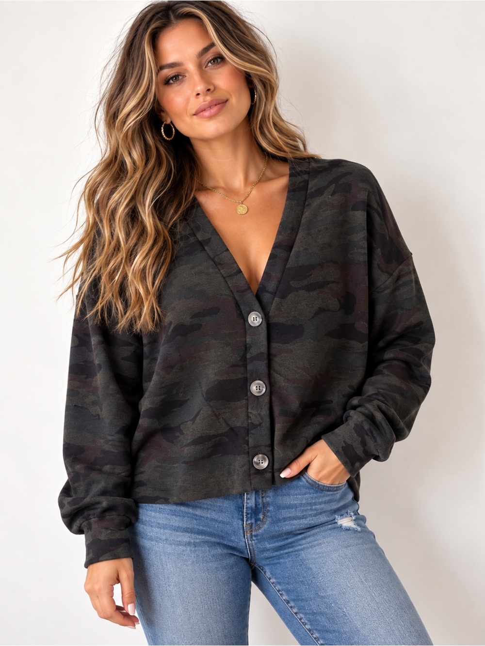 Social Standard by Sanctuary Black Camo Button Cardigan Women’s Large NWOT